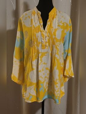 LIOR Paris Yellow Linen Blend Floral Pintuck Boho Blouse Size L